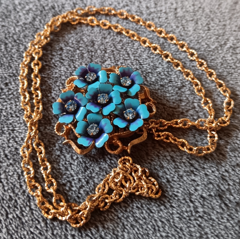 1970s Vintage Avon Gold Tone, Blue Floral Convertable Pendant Necklace Brooch